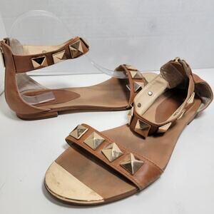 Isola Sandal 7.5 Ankle Strap Flat Gold Stud Spike Grommet Brown Zip
